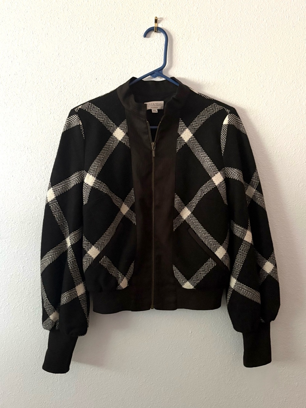 Women's Once/Was Black Plaid Bomber Wool Jacket - Zip Front